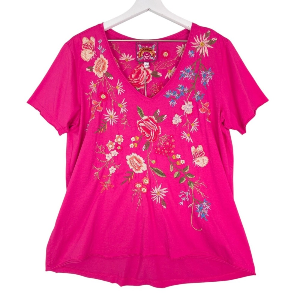 Johnny Was Catalina Everyday Tee Women L Cotton Pink Floral Embroidered V-Neck